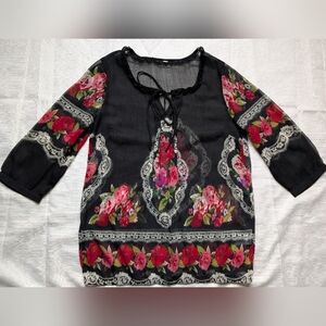 Sheego Black Floral Women's Blouse 3/4 Sleeve, Semi-Sheer